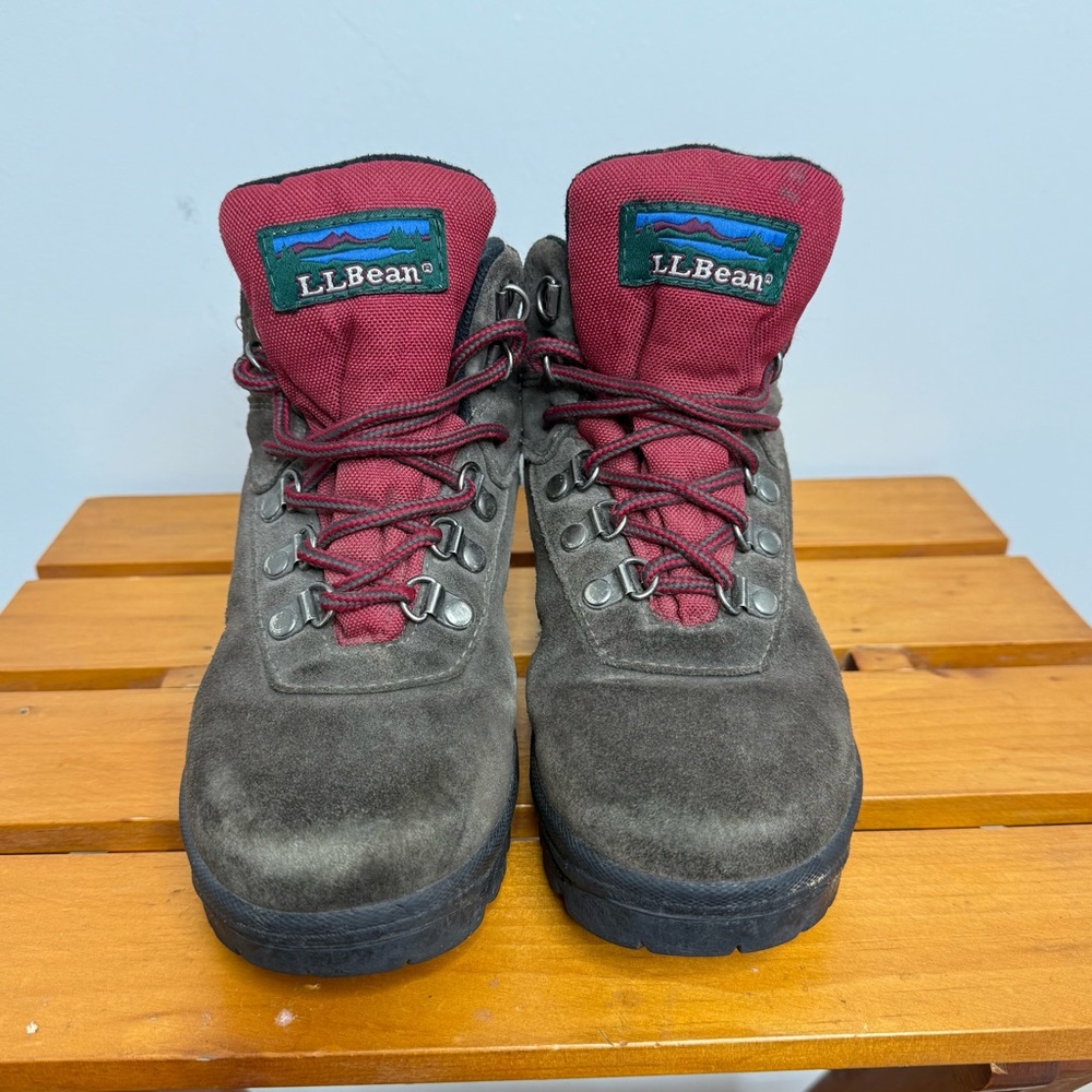 LL Bean Kids Size 2 Hiking Boots Red & Brown Leather Upper